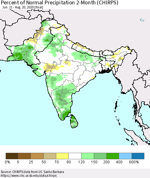 Southern Asia Percent of Normal Precipitation 2-Month (CHIRPS) Thematic Map For 6/21/2020 - 8/20/2020