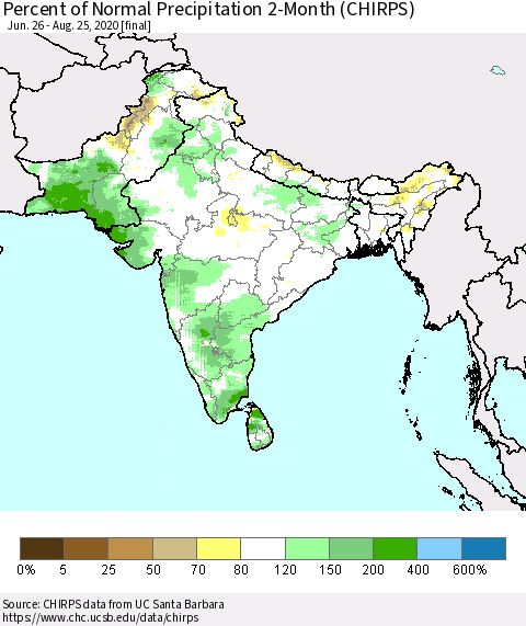 Southern Asia Percent of Normal Precipitation 2-Month (CHIRPS) Thematic Map For 6/26/2020 - 8/25/2020