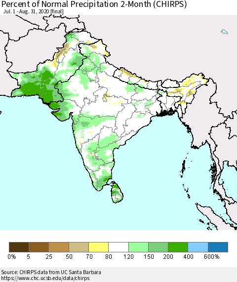 Southern Asia Percent of Normal Precipitation 2-Month (CHIRPS) Thematic Map For 7/1/2020 - 8/31/2020