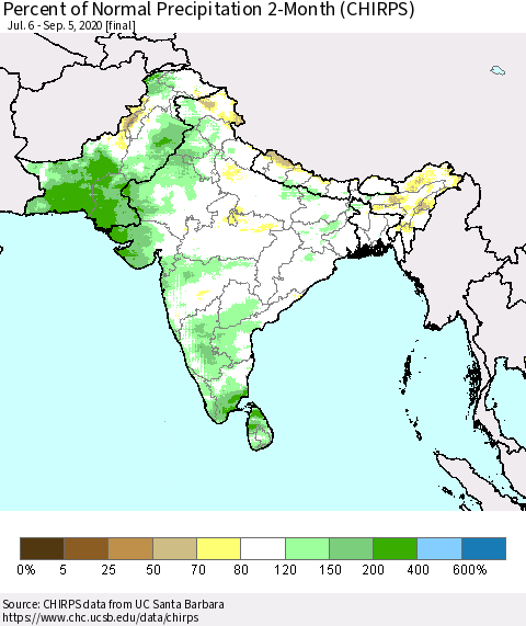 Southern Asia Percent of Normal Precipitation 2-Month (CHIRPS) Thematic Map For 7/6/2020 - 9/5/2020