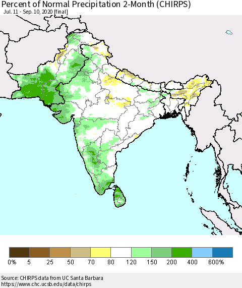 Southern Asia Percent of Normal Precipitation 2-Month (CHIRPS) Thematic Map For 7/11/2020 - 9/10/2020
