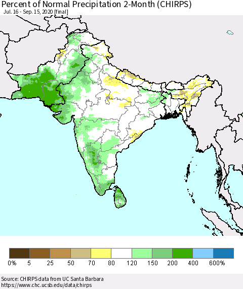 Southern Asia Percent of Normal Precipitation 2-Month (CHIRPS) Thematic Map For 7/16/2020 - 9/15/2020