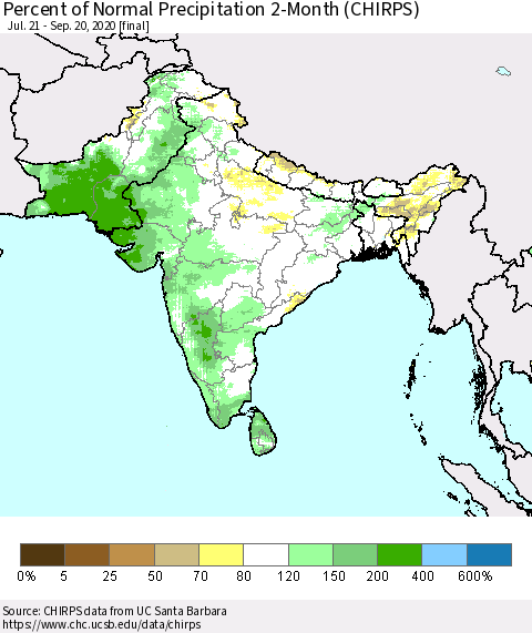 Southern Asia Percent of Normal Precipitation 2-Month (CHIRPS) Thematic Map For 7/21/2020 - 9/20/2020