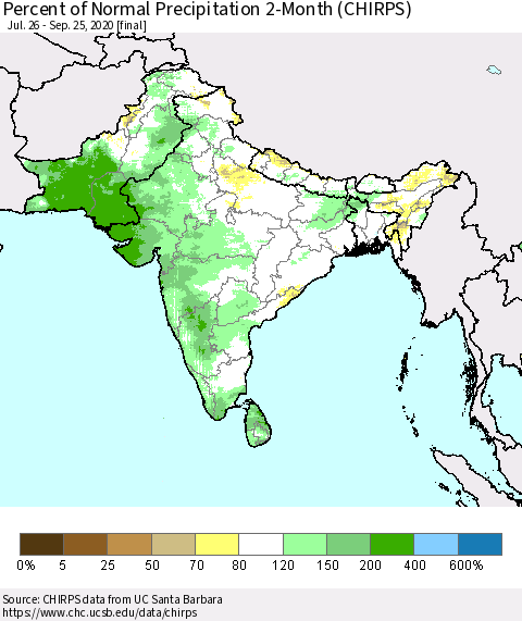 Southern Asia Percent of Normal Precipitation 2-Month (CHIRPS) Thematic Map For 7/26/2020 - 9/25/2020