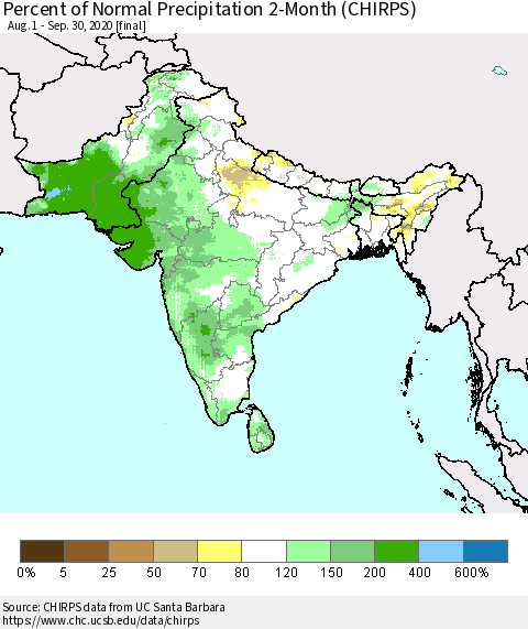 Southern Asia Percent of Normal Precipitation 2-Month (CHIRPS) Thematic Map For 8/1/2020 - 9/30/2020