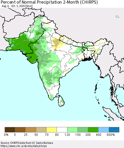 Southern Asia Percent of Normal Precipitation 2-Month (CHIRPS) Thematic Map For 8/6/2020 - 10/5/2020