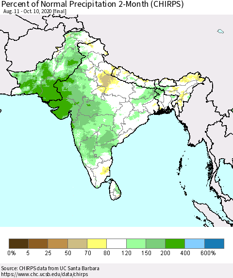 Southern Asia Percent of Normal Precipitation 2-Month (CHIRPS) Thematic Map For 8/11/2020 - 10/10/2020