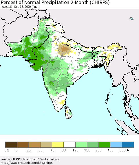 Southern Asia Percent of Normal Precipitation 2-Month (CHIRPS) Thematic Map For 8/16/2020 - 10/15/2020