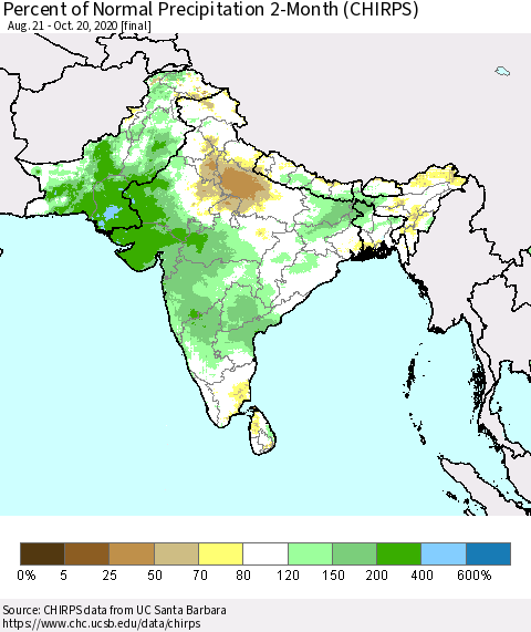 Southern Asia Percent of Normal Precipitation 2-Month (CHIRPS) Thematic Map For 8/21/2020 - 10/20/2020