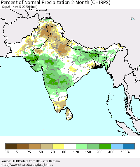 Southern Asia Percent of Normal Precipitation 2-Month (CHIRPS) Thematic Map For 9/6/2020 - 11/5/2020
