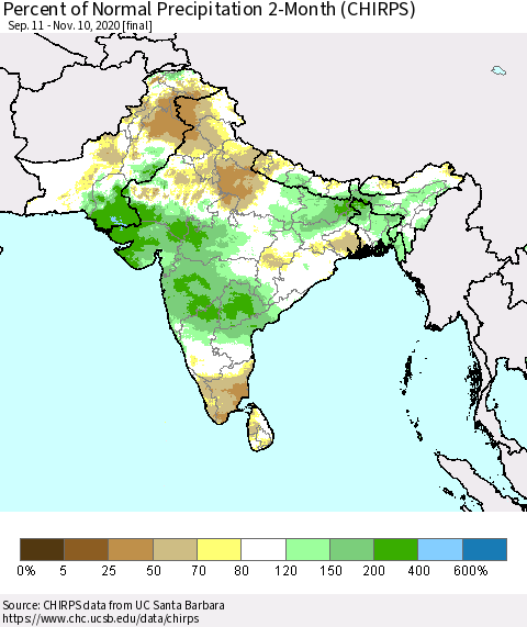 Southern Asia Percent of Normal Precipitation 2-Month (CHIRPS) Thematic Map For 9/11/2020 - 11/10/2020