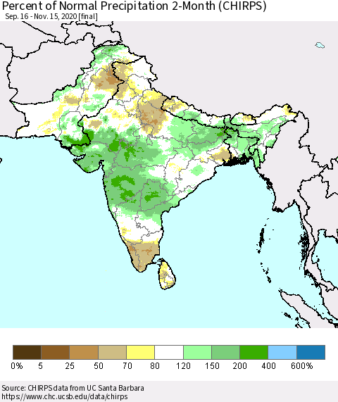 Southern Asia Percent of Normal Precipitation 2-Month (CHIRPS) Thematic Map For 9/16/2020 - 11/15/2020