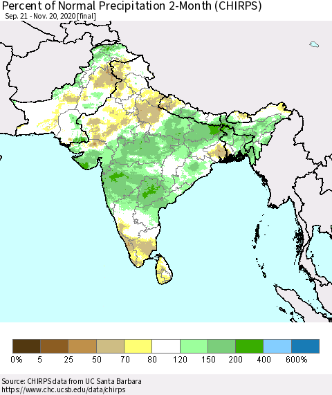 Southern Asia Percent of Normal Precipitation 2-Month (CHIRPS) Thematic Map For 9/21/2020 - 11/20/2020