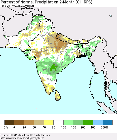 Southern Asia Percent of Normal Precipitation 2-Month (CHIRPS) Thematic Map For 9/26/2020 - 11/25/2020