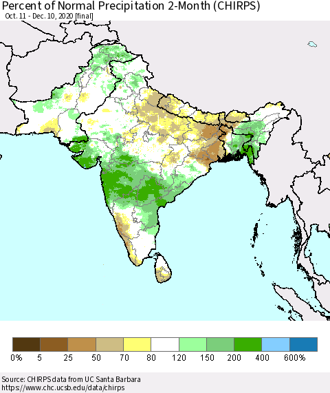 Southern Asia Percent of Normal Precipitation 2-Month (CHIRPS) Thematic Map For 10/11/2020 - 12/10/2020