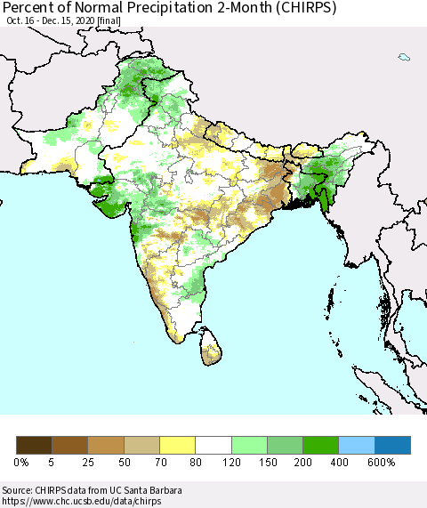 Southern Asia Percent of Normal Precipitation 2-Month (CHIRPS) Thematic Map For 10/16/2020 - 12/15/2020