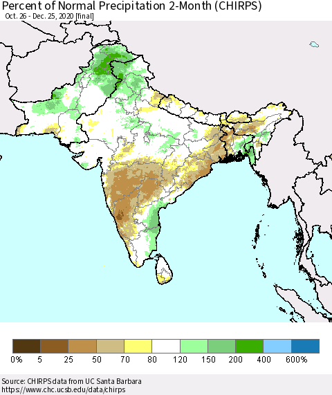 Southern Asia Percent of Normal Precipitation 2-Month (CHIRPS) Thematic Map For 10/26/2020 - 12/25/2020