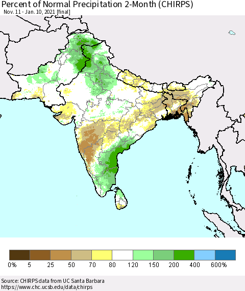 Southern Asia Percent of Normal Precipitation 2-Month (CHIRPS) Thematic Map For 11/11/2020 - 1/10/2021