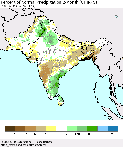 Southern Asia Percent of Normal Precipitation 2-Month (CHIRPS) Thematic Map For 11/16/2020 - 1/15/2021