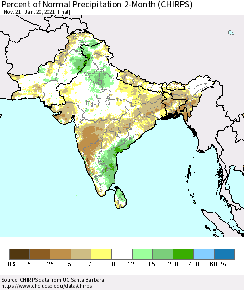 Southern Asia Percent of Normal Precipitation 2-Month (CHIRPS) Thematic Map For 11/21/2020 - 1/20/2021