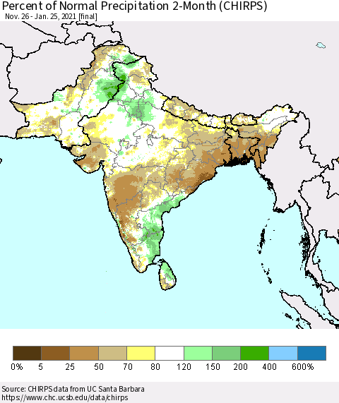 Southern Asia Percent of Normal Precipitation 2-Month (CHIRPS) Thematic Map For 11/26/2020 - 1/25/2021
