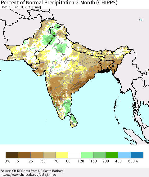Southern Asia Percent of Normal Precipitation 2-Month (CHIRPS) Thematic Map For 12/1/2020 - 1/31/2021