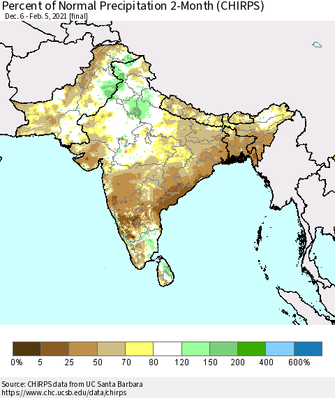 Southern Asia Percent of Normal Precipitation 2-Month (CHIRPS) Thematic Map For 12/6/2020 - 2/5/2021