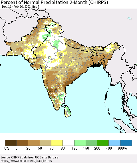 Southern Asia Percent of Normal Precipitation 2-Month (CHIRPS) Thematic Map For 12/11/2020 - 2/10/2021