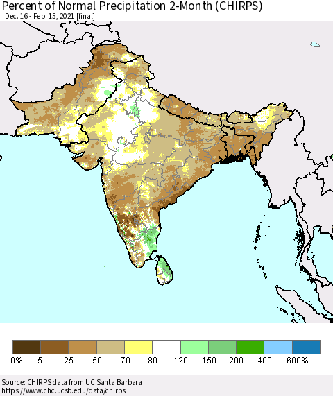 Southern Asia Percent of Normal Precipitation 2-Month (CHIRPS) Thematic Map For 12/16/2020 - 2/15/2021