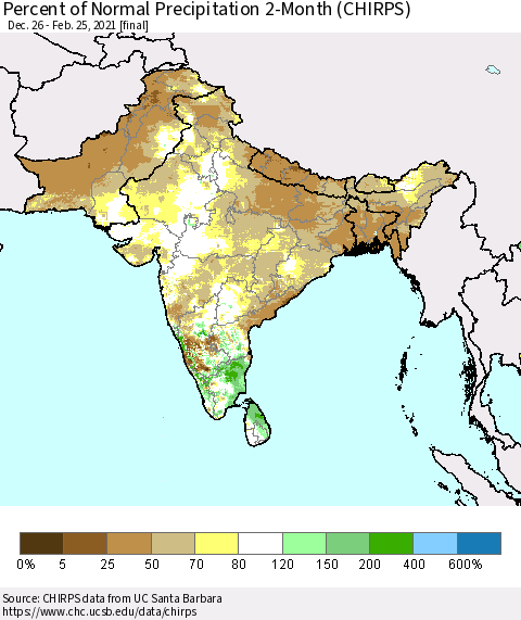 Southern Asia Percent of Normal Precipitation 2-Month (CHIRPS) Thematic Map For 12/26/2020 - 2/25/2021