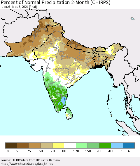 Southern Asia Percent of Normal Precipitation 2-Month (CHIRPS) Thematic Map For 1/6/2021 - 3/5/2021