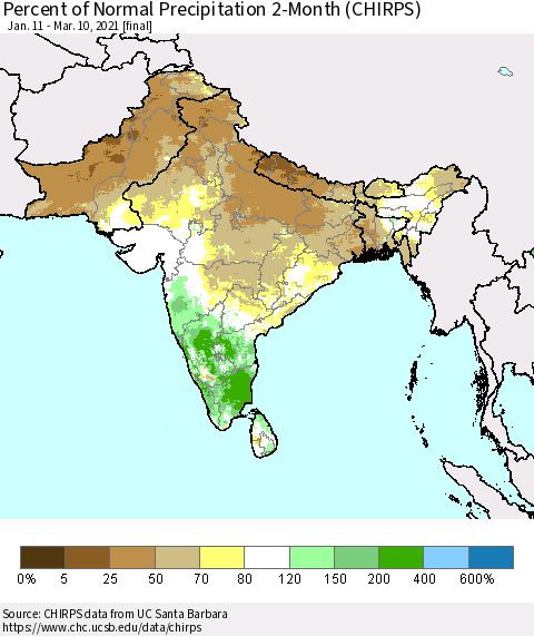 Southern Asia Percent of Normal Precipitation 2-Month (CHIRPS) Thematic Map For 1/11/2021 - 3/10/2021