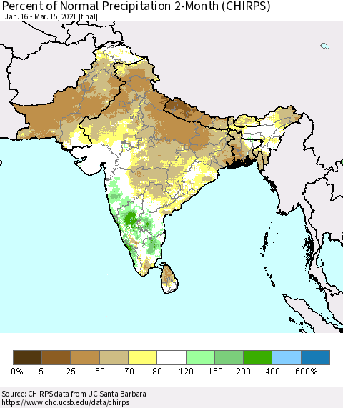 Southern Asia Percent of Normal Precipitation 2-Month (CHIRPS) Thematic Map For 1/16/2021 - 3/15/2021