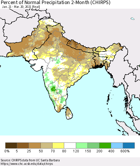 Southern Asia Percent of Normal Precipitation 2-Month (CHIRPS) Thematic Map For 1/21/2021 - 3/20/2021