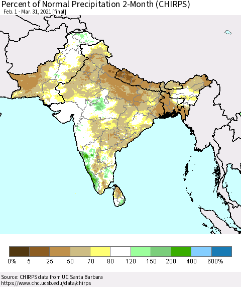 Southern Asia Percent of Normal Precipitation 2-Month (CHIRPS) Thematic Map For 2/1/2021 - 3/31/2021