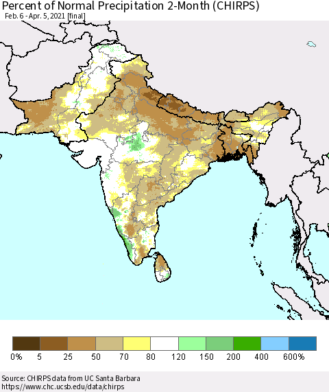 Southern Asia Percent of Normal Precipitation 2-Month (CHIRPS) Thematic Map For 2/6/2021 - 4/5/2021