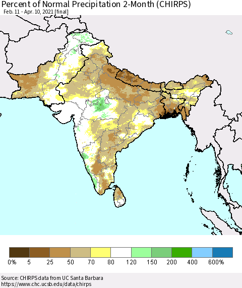 Southern Asia Percent of Normal Precipitation 2-Month (CHIRPS) Thematic Map For 2/11/2021 - 4/10/2021
