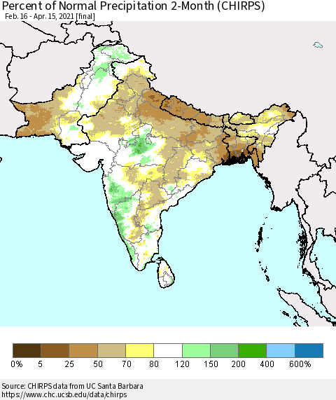 Southern Asia Percent of Normal Precipitation 2-Month (CHIRPS) Thematic Map For 2/16/2021 - 4/15/2021
