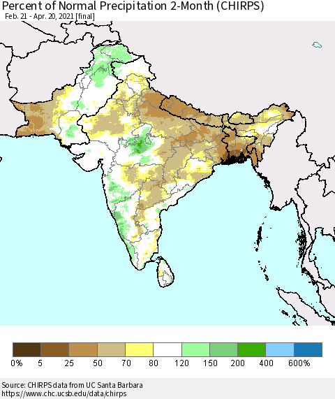 Southern Asia Percent of Normal Precipitation 2-Month (CHIRPS) Thematic Map For 2/21/2021 - 4/20/2021