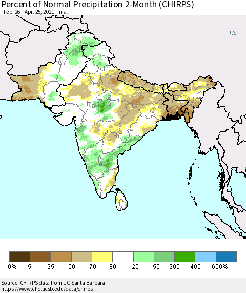 Southern Asia Percent of Normal Precipitation 2-Month (CHIRPS) Thematic Map For 2/26/2021 - 4/25/2021