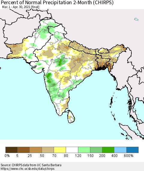 Southern Asia Percent of Normal Precipitation 2-Month (CHIRPS) Thematic Map For 3/1/2021 - 4/30/2021