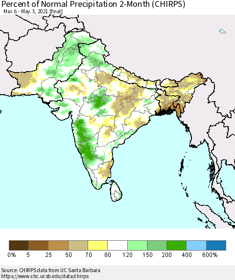Southern Asia Percent of Normal Precipitation 2-Month (CHIRPS) Thematic Map For 3/6/2021 - 5/5/2021