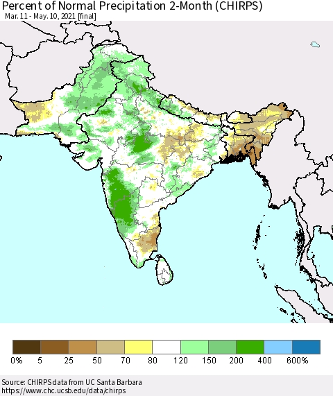 Southern Asia Percent of Normal Precipitation 2-Month (CHIRPS) Thematic Map For 3/11/2021 - 5/10/2021