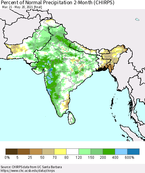 Southern Asia Percent of Normal Precipitation 2-Month (CHIRPS) Thematic Map For 3/21/2021 - 5/20/2021