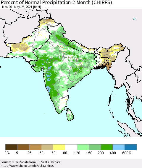 Southern Asia Percent of Normal Precipitation 2-Month (CHIRPS) Thematic Map For 3/26/2021 - 5/25/2021