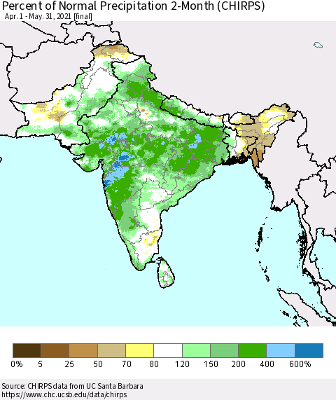 Southern Asia Percent of Normal Precipitation 2-Month (CHIRPS) Thematic Map For 4/1/2021 - 5/31/2021