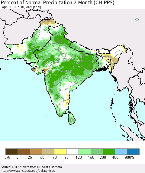 Southern Asia Percent of Normal Precipitation 2-Month (CHIRPS) Thematic Map For 4/11/2021 - 6/10/2021