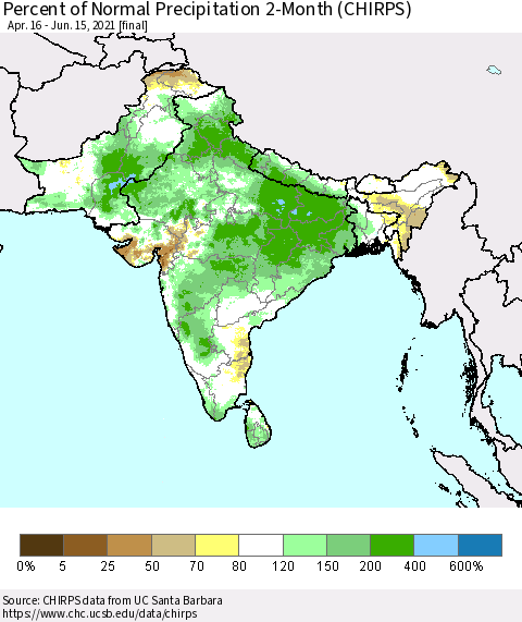 Southern Asia Percent of Normal Precipitation 2-Month (CHIRPS) Thematic Map For 4/16/2021 - 6/15/2021