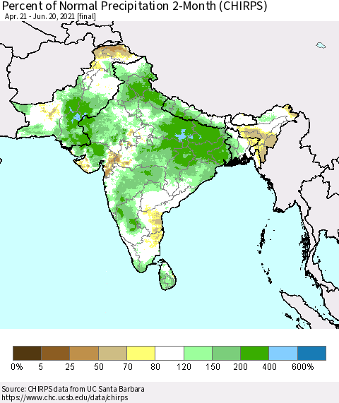 Southern Asia Percent of Normal Precipitation 2-Month (CHIRPS) Thematic Map For 4/21/2021 - 6/20/2021