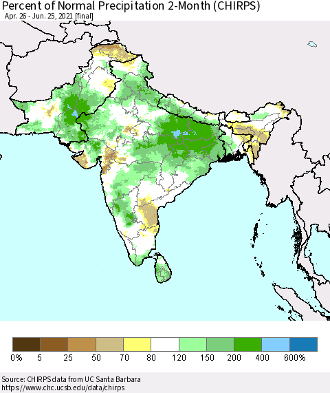 Southern Asia Percent of Normal Precipitation 2-Month (CHIRPS) Thematic Map For 4/26/2021 - 6/25/2021